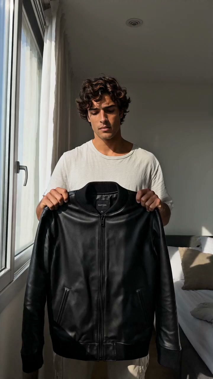 Lucas black leather bomber jacket Try-On