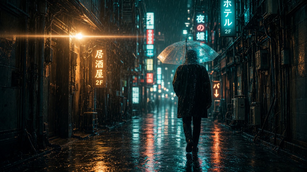 ภาพนิ่งจากภาพยนตร์ของตรอกใน Tokyo ที่มีแสงไฟนีออนท่ามกลางสายฝน สร้างด้วย AI