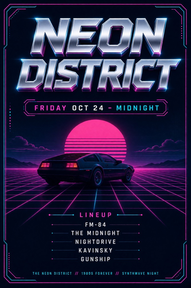 โปสเตอร์คอนเสิร์ตสไตล์ synthwave พร้อมตัวอักษรหัวข้อโครเมียมที่สร้างโดย Grok Imagine 2.0