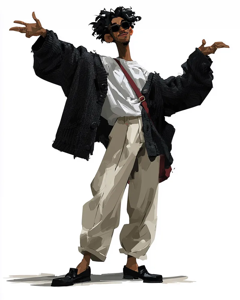 Character sheet of a figure in an oversized knit cardigan with arms outstretched