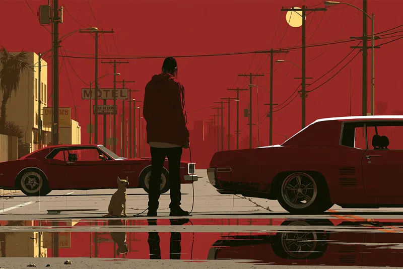 Minimal poster of a figure and a dog on a red-skied street between two muscle cars