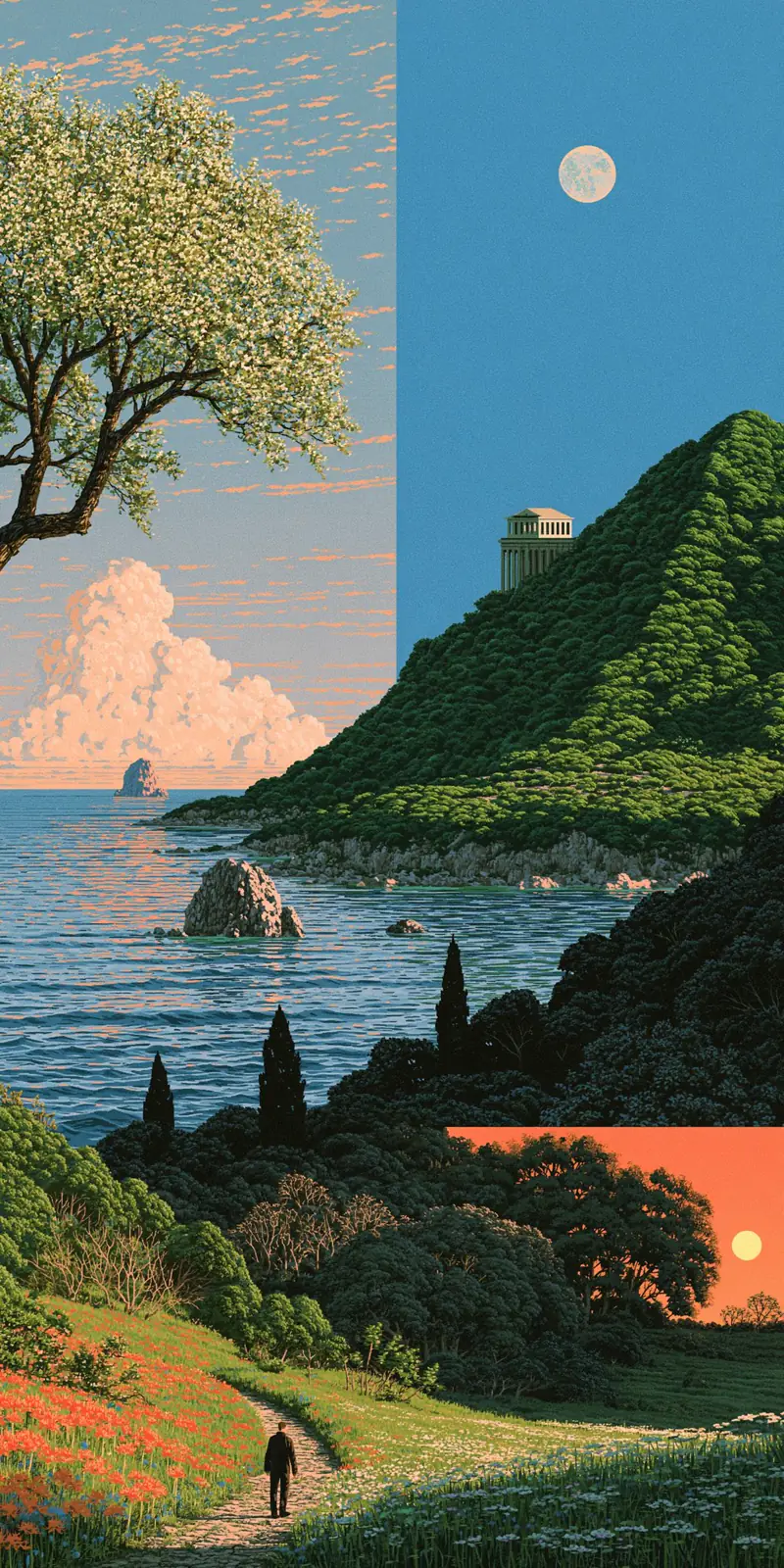 Woodblock-print coastline split into three seasons: blossom, moonlit hillside temple and sunset meadow